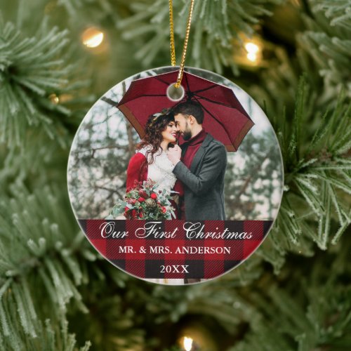 Red Buffalo Plaid Wedding Our First Christmas Ceramic Ornament