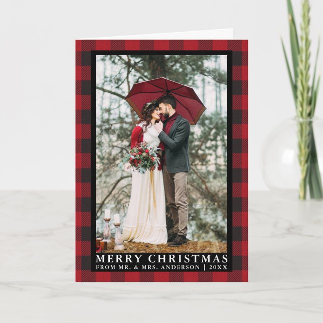 Red Buffalo Plaid Wedding Photo Christmas Fold Holiday Card (Front)