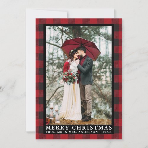 Red Buffalo Plaid Wedding Photo Merry Christmas Holiday Card