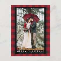 Red Buffalo Plaid Wedding Photo Merry Christmas Postcard