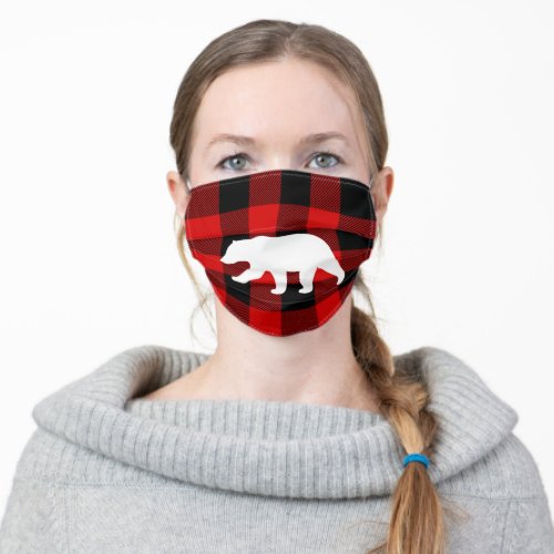 Red Buffalo Plaid  White Bear Adult Cloth Face Mask