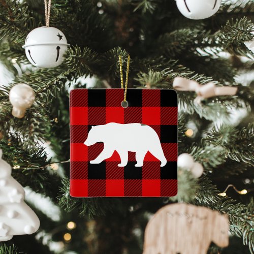 Red Buffalo Plaid  White Bear Ceramic Ornament
