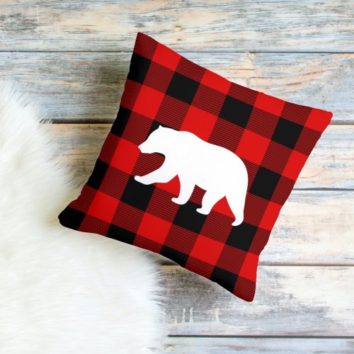 Red Buffalo Plaid  White Bear Outdoor Pillow