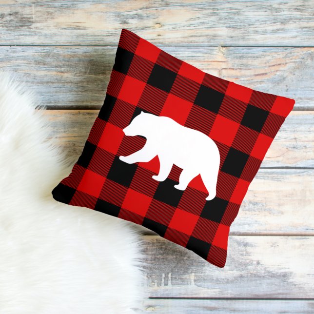 Red Buffalo Plaid & White Bear Outdoor Pillow (Creator Uploaded)