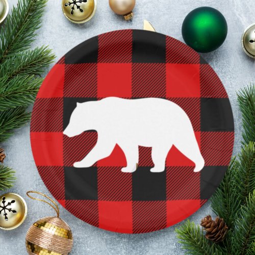 Red Buffalo Plaid  White Bear Paper Plates