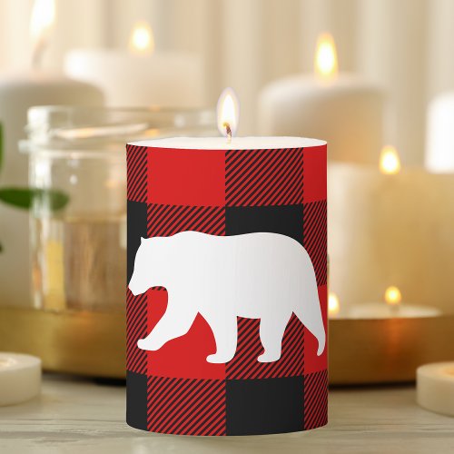 Red Buffalo Plaid  White Bear Pillar Candle