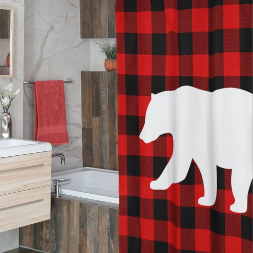Red Buffalo Plaid  White Bear Shower Curtain
