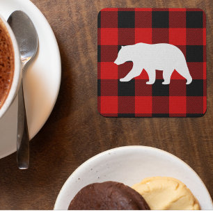 Red Buffalo Plaid & White Bear Square Paper Coaster