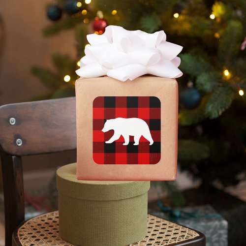 Red Buffalo Plaid  White Bear Square Sticker