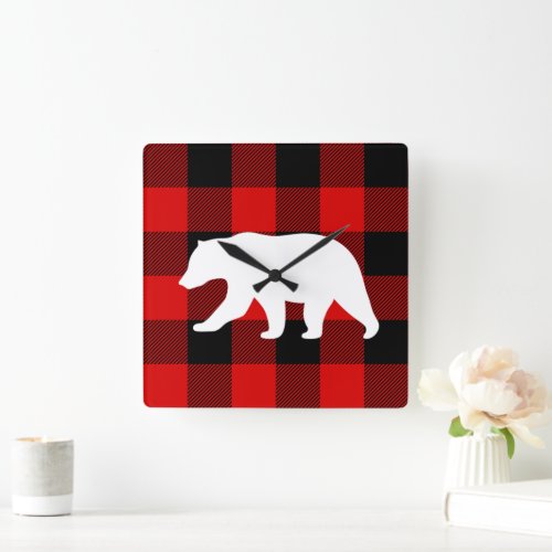 Red Buffalo Plaid &amp; White Bear Square Wall Clock