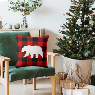 Red Buffalo Plaid & White Bear Throw Pillow