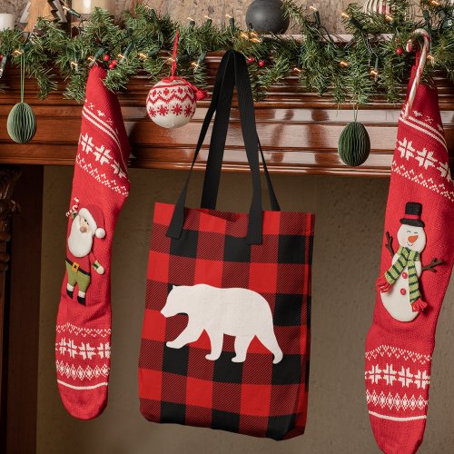 Red Buffalo Plaid  White Bear Tote Bag