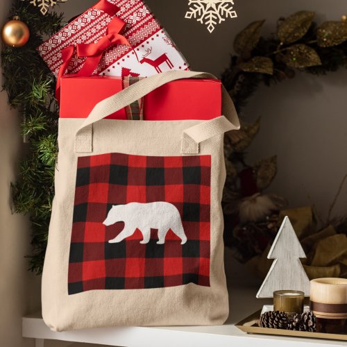 Red Buffalo Plaid  White Bear Tote Bag