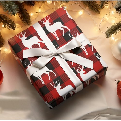 Red Buffalo Plaid  White Deer Christmas Wrapping Paper
