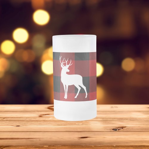 Red Buffalo Plaid  White Deer Frosted Glass Beer Mug