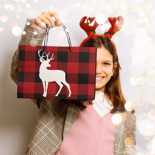 Red Buffalo Plaid & White Deer Large Gift Bag