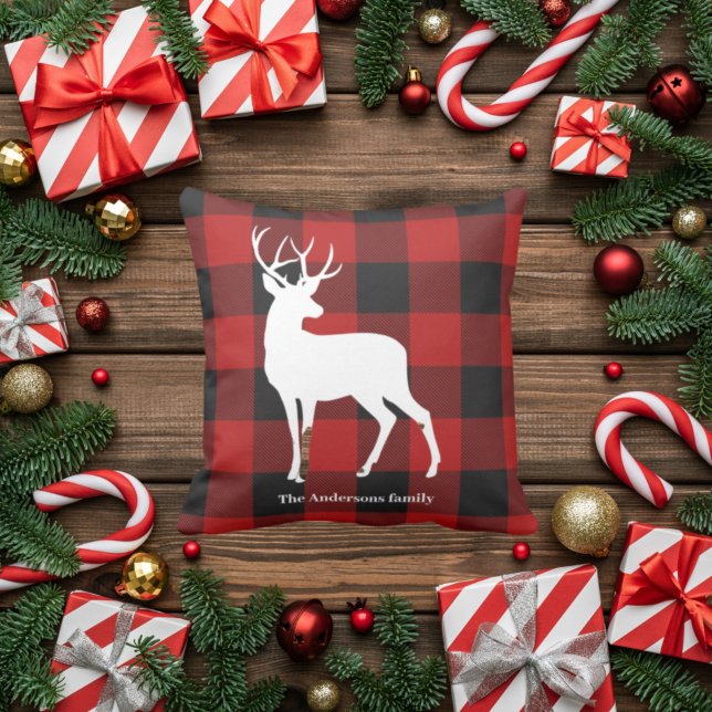 Red Buffalo Plaid & White Deer Outdoor Pillow (Creator Uploaded)