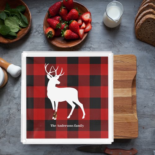 Red Buffalo Plaid  White Deer  Personal Name Acrylic Tray