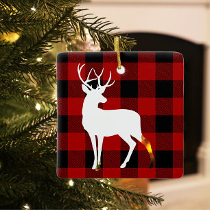 Red Buffalo Plaid & White Deer Personal Name Ceramic Ornament