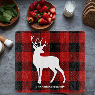 Red Buffalo Plaid & White Deer Personal Name Cutting Board