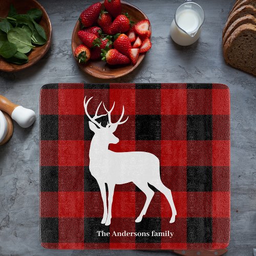 Red Buffalo Plaid  White Deer  Personal Name Cutting Board