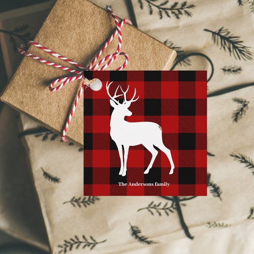 Red Buffalo Plaid  White Deer  Personal Name Favor Tags