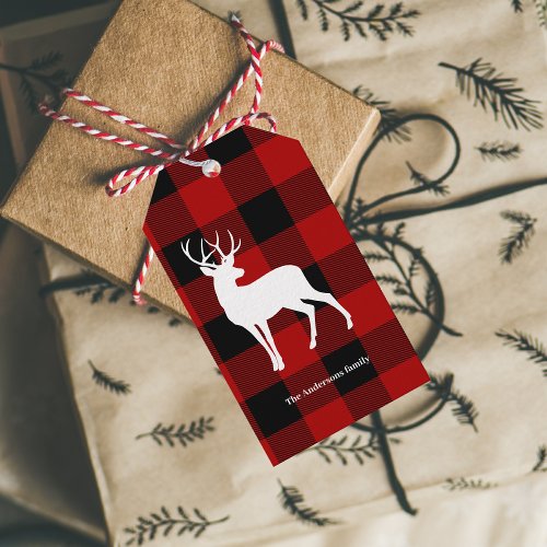 Red Buffalo Plaid  White Deer  Personal Name Gift Tags