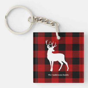 Red Buffalo Plaid & White Deer   Personal Name Keychain