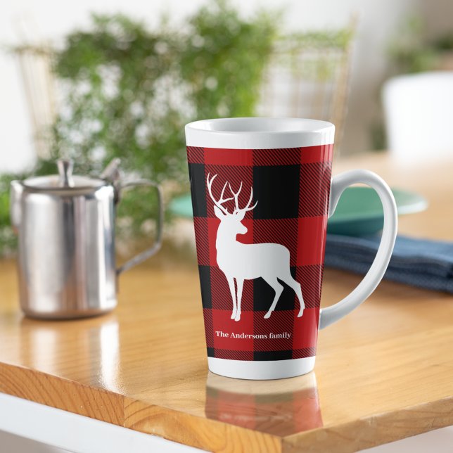 Red Buffalo Plaid & White Deer | Personal Name Latte Mug (Creator Uploaded)