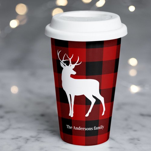 Red Buffalo Plaid  White Deer  Personal Name Paper Cups