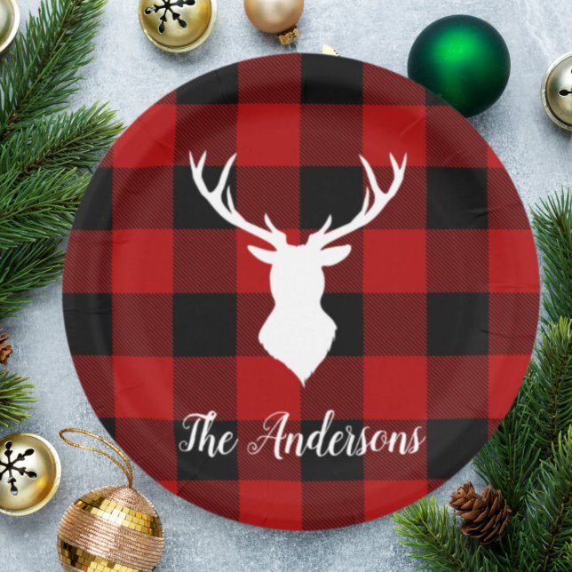 Red Buffalo Plaid & White Deer | Personal Name Paper Plates (Creator Uploaded)