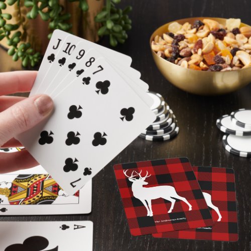 Red Buffalo Plaid  White Deer  Personal Name Poker Cards