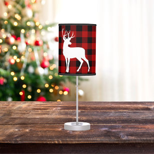 Red Buffalo Plaid & White Deer   Personal Name Table Lamp