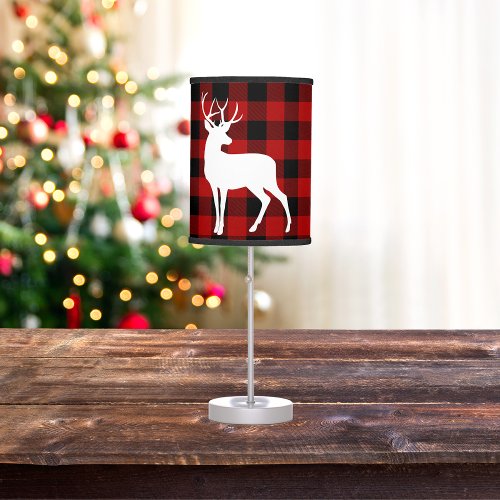 Red Buffalo Plaid  White Deer  Personal Name Table Lamp