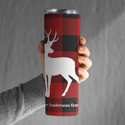 Red Buffalo Plaid  White Deer  Personal Name Thermal Tumbler