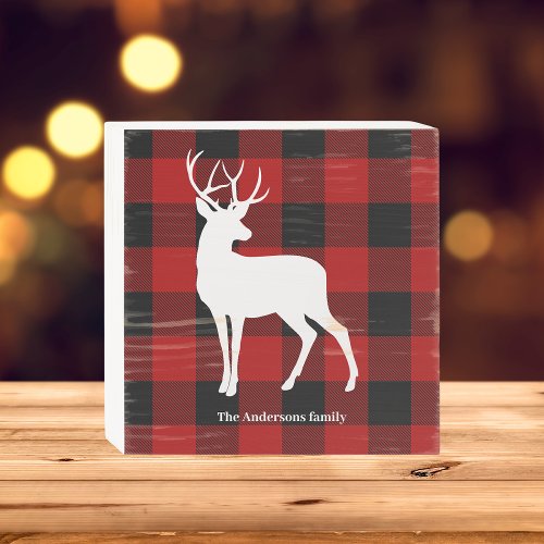 Red Buffalo Plaid  White Deer  Personal Name Wooden Box Sign