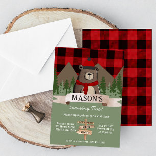 Red Buffalo Plaid Winter Bear Birthday Invitation