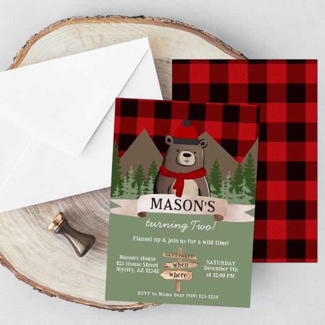 Red Buffalo Plaid Winter Bear Birthday Invitation (Creator Uploaded)