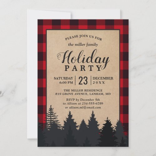 Red Buffalo Plaid Winter Forest Holiday Party Invitation