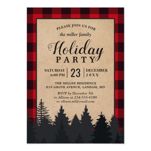 Red Buffalo Plaid Winter Forest Holiday Party Invitation