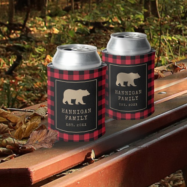 Red Buffalo Plaid With Bear Family Name  Can Cooler (Creator Uploaded)