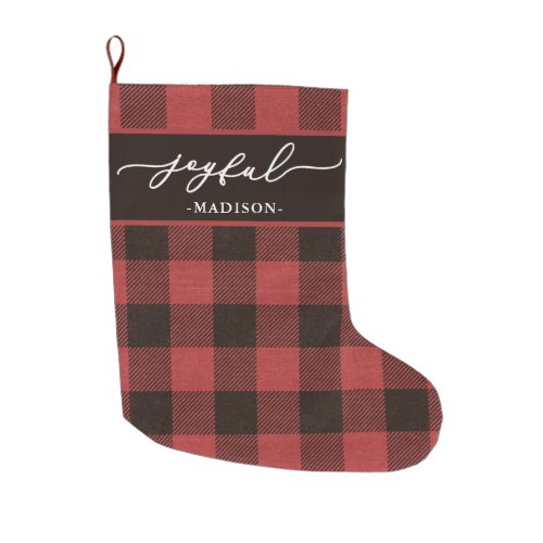 Red Buffalo Plaid with Joyful Script Christmas Large Christmas Stocking