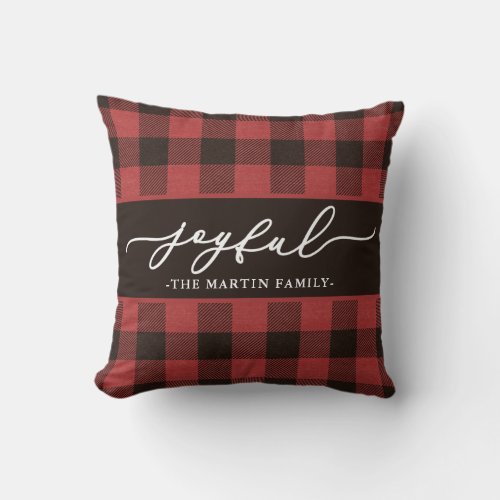 Red Buffalo Plaid with Joyful Script Christmas Throw Pillow