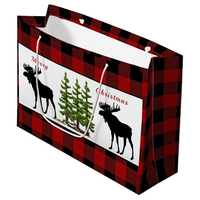 Red Buffalo Plaid with Moose Christmas Gift Bag (Front Angled)