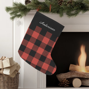 Red Buffalo Plaid With Name Large Christmas Stocking