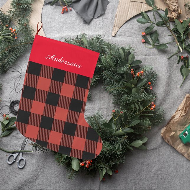 Red Buffalo Plaid With Name  Large Christmas Stocking (Creator Uploaded)