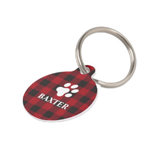 Red Buffalo Plaid with Paw - Phone on Back - Pet ID Tag