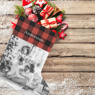 Red Buffalo Plaid With Photo And Name Large Christmas Stocking