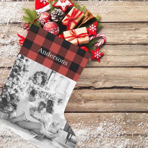 Red Buffalo Plaid With Photo And Name   Large Christmas Stocking