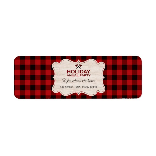Red Buffalo Plaid Wood Holiday Annual Party Label (Front)